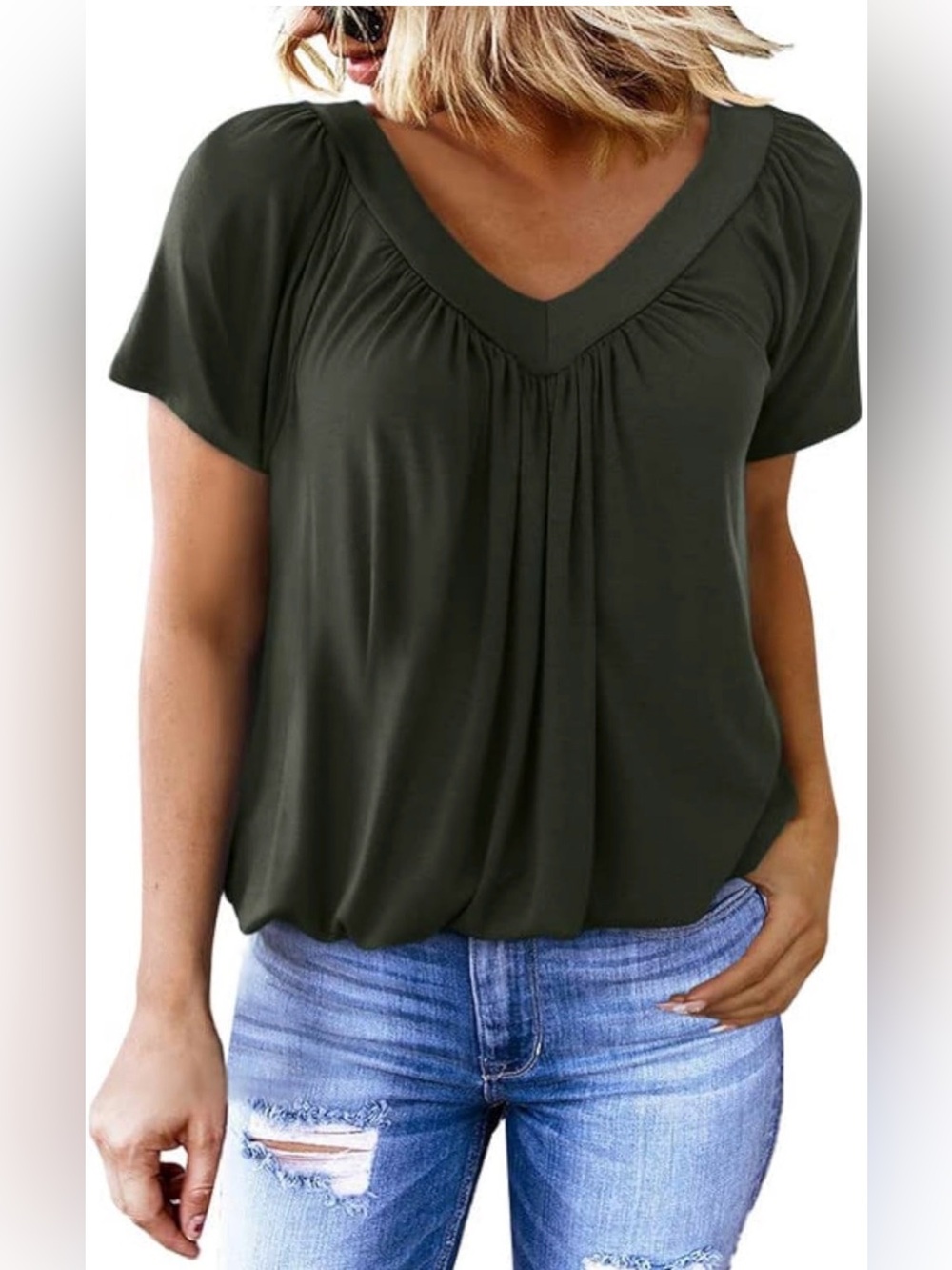 0113: Dokotoo Women's Casual Summer T Shirt Short Sleeve V Neck Top Olive Green